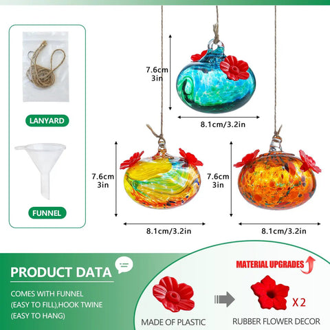 Set Of 3 Small Blown Glass Hummingbird Feeders For Outdoors Hanging With 2 Flower Feeding Ports 3 Inch Glass Hummingbird Feeders Garden Decor For Outside showing design and dimensions.