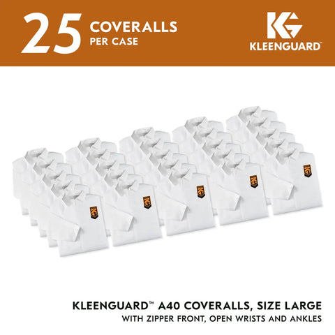 A40 Liquid And Particle Protection Coveralls With Zipper Front White Large Case Of 25 in rows, microporous film laminate, elastic back