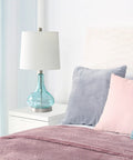 Modern Sage Green Dimpled Glass End Table With White Fabric Shade Lamp Sleek Bedside Table With Brushed Nickel Accents