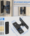 90 Degree Flip Barn Door Lock Heavy Duty Sliding Gate Latch For Garden Bathroom And Garage Doors Matte Black Zinc Alloy Rustproof Construction Built Tough Easy To Install Smooth Operation And Secure Inside Use shown with installation guide and components.