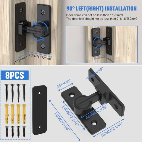 90 Degree Flip Barn Door Lock Heavy Duty Sliding Gate Latch For Garden Bathroom And Garage Doors Matte Black Zinc Alloy Rustproof Construction Built Tough Easy To Install Smooth Operation And Secure Inside Use shown with installation guide and components.