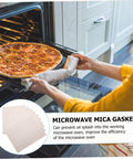 Person removing pizza from oven, Ten Piece Microwave Mica Plates Set For Insulation And Heat Resistance Must Have Cuttable Sheets to Prevent Food Splatter inset.
