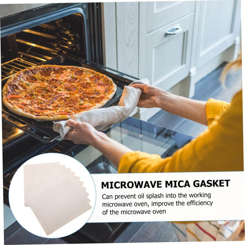 Person removing pizza from oven, Ten Piece Microwave Mica Plates Set For Insulation And Heat Resistance Must Have Cuttable Sheets to Prevent Food Splatter inset.