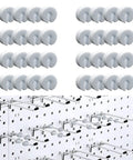 100 Pack Peg Hook Stoppers For Pegboard Slatwall And Gridwall Displays White Foam Peg Locks on hooks in a grid pattern