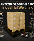 Heavy Duty Floor Scale Featuring A Spacious 48 By 48 Inch Deck And Massive 11000 Pound Capacity, with boxes on platform.