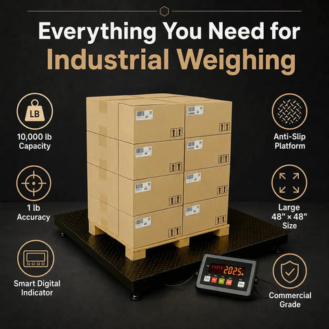 Heavy Duty Floor Scale Featuring A Spacious 48 By 48 Inch Deck And Massive 11000 Pound Capacity, with boxes on platform.