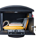 Large Capacity Post Mount Mailbox in Black Plastic, Rust-Proof and UV Resistant, Weatherproof Outdoor Parcel Drop Box open with parcels