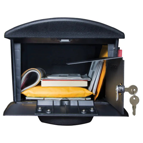 Large Capacity Post Mount Mailbox in Black Plastic, Rust-Proof and UV Resistant, Weatherproof Outdoor Parcel Drop Box open with parcels