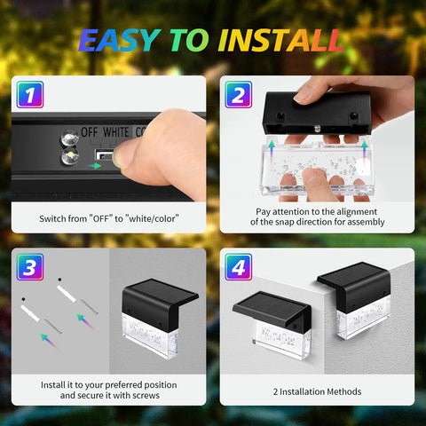 Installation steps for 8 Pack Solar Deck Lights Outdoor Waterproof Step And Fence Lights With Two Modes LED Warm White And 7 Color Changing