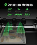 Counterfeit Bill Detector with 2.8 Inch Digital Screen showing UV MG IR detection and image verification on a US dollar.