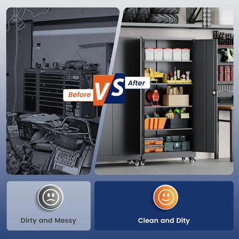 Beefy 75 Inch Rolling Metal Garage Storage Cabinet With Locking Doors And Adjustable Shelves showing clean garage organization.