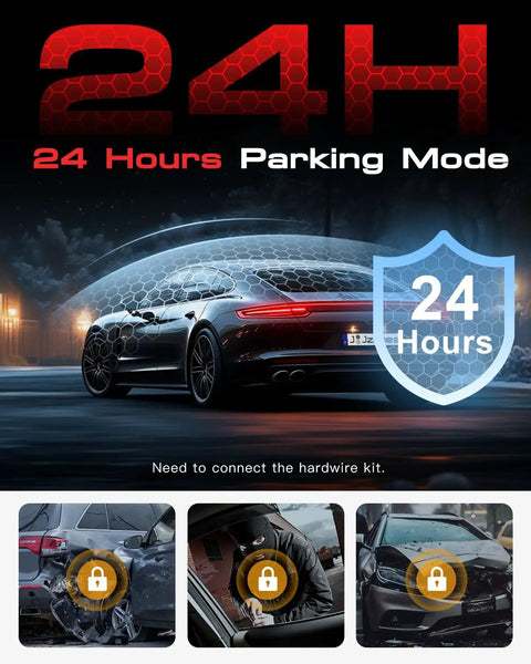 4K 3 Channel Dash Cam With Front Rear And In Cabin Coverage, Starvis 2 Sensor, WiFi 6, G Sensor, Loop Recording, Night Vision, 24 Hour Parking Mode, Includes 64GB Card For Easy Ride Proof On Every Trip with 24 hour parking mode visualized by car images emphasizing security and safety, showing night time coverage and incident detection features.