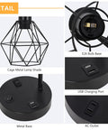 Detail of Industrial Black USB Table Lamp With Bulb Included, showing metal cage shade, USB ports, and AC outlet for bedroom office living room.