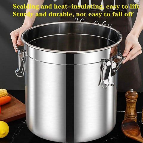 Heavy Duty 304 Stainless Steel Airtight Food Storage Canister With Snap Tight Buckle Closure Perfect For Rice Flour Grains And Coffee Beans Massive Twenty Six Gallon Bucket held by hands