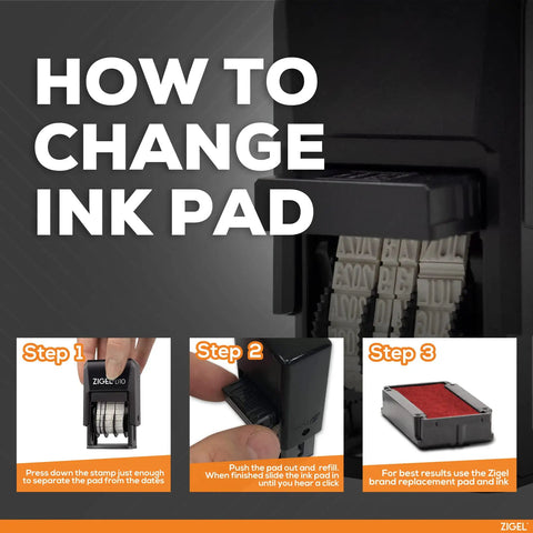 Top Tier Self Inking Date Stamp With Smooth Rotating Wheels And Refillable Red Ink Pad Built Tough For The Daily Grind Making Paperwork Simple Without The Stress Or Fuzz, showing steps to change the ink pad.