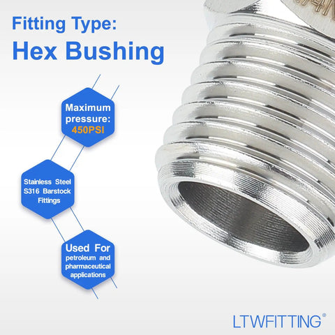 Close-up of Stainless Steel 316 Hex Bushing Reducer Fittings 1/4 Inch Male To 1/8 Inch Female NPT with 450 PSI rating.