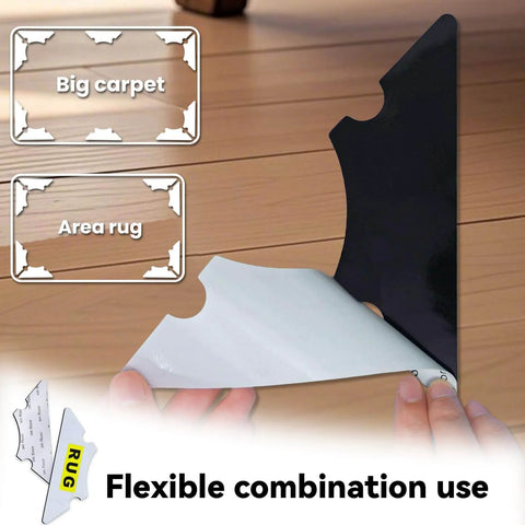 Non Slip Rug Corner Grippers Pack Of 8, reusable pads shown for carpet and rug edges, strong dual sided adhesive, removable with no residue