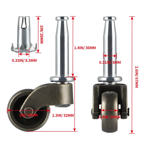 Swivel Stem Caster One Inch Wheel Zinc Alloy With Socket Replacement For Coffee Tables Chests Of Drawers Nightstands And Ottomans 360 Lb Load Capacity Elevates By About One Point Three Inches Wheel Diameter One Inch Stem Diameter Three Eighths Inch, front and side view with measurements.