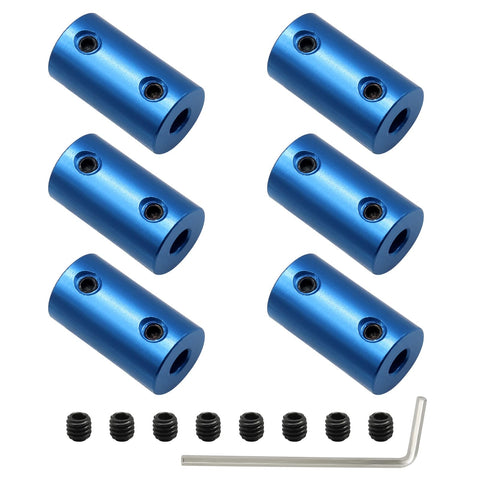 Rigid Shaft Coupler 5mm To 5mm Aluminum Alloy Six Piece Blue Set For Motors 3D Printers And DIY Projects With M4 Screws And L Wrench A Solid High Precision Connector For Tight Shaft Alignment.