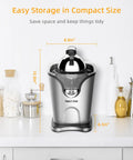 Healnitor 150W Electric Citrus Juicer with Two Cones, Stainless Steel, compact design, dimensions on countertop.