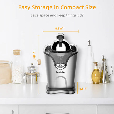 Healnitor 150W Electric Citrus Juicer with Two Cones, Stainless Steel, compact design, dimensions on countertop.