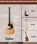 Guitar fret-end beveling file collage; acoustic guitar left with Bass, Banjo, and Ukulele panels on right.