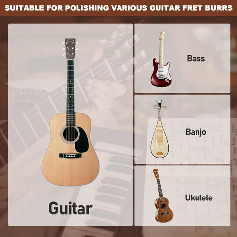 Guitar fret-end beveling file collage; acoustic guitar left with Bass, Banjo, and Ukulele panels on right.