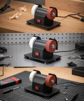 Solid Compact Corded Electric Bench Grinder Tool Polisher Cutter With Dual Wheel Setup, pure copper core motor on workspace.