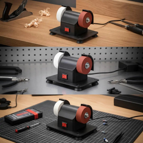 Solid Compact Corded Electric Bench Grinder Tool Polisher Cutter With Dual Wheel Setup, pure copper core motor on workspace.