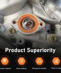 Heavy Duty Thermostat Water Neck Housing Gasket With 1/8 Inch Alloy Carrier And Silicone Seal Spacer For Chevy SBC BBC V8 Engines 265 To 500 CID, showing orange seal in engine block.
