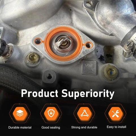 Heavy Duty Thermostat Water Neck Housing Gasket With 1/8 Inch Alloy Carrier And Silicone Seal Spacer For Chevy SBC BBC V8 Engines 265 To 500 CID, showing orange seal in engine block.