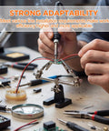 Four Piece Helping Hands Soldering Tool Set With Flexible Arms And Alligator Clips in use on electronics project.