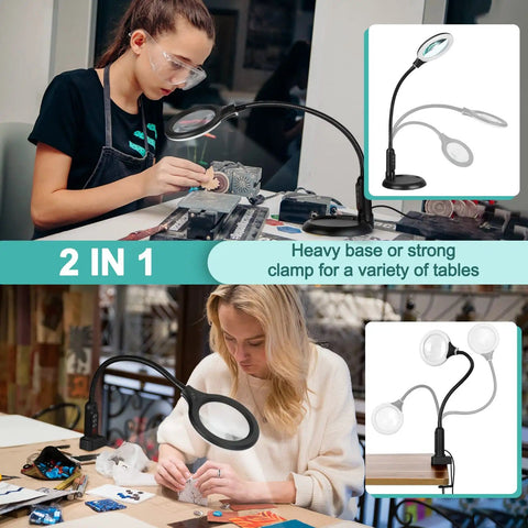 Woman using 10X Magnifying Glass With Light And Clamp For Close Work, Flexible Gooseneck LED Desk Lamp for crafting
