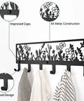Floral Wall Mounted Coat Rack With Six Hooks In Matte Black Metal Totally Perfect For Coats Hats Bags Keys Towels And More In Hallway Bathroom Kitchen Or Office Decor, displaying improved caps and floral cutouts.
