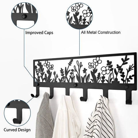 Floral Wall Mounted Coat Rack With Six Hooks In Matte Black Metal Totally Perfect For Coats Hats Bags Keys Towels And More In Hallway Bathroom Kitchen Or Office Decor, displaying improved caps and floral cutouts.