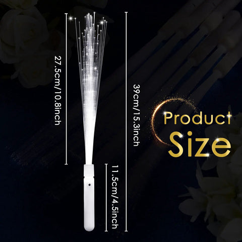 White Fiber Optic Wands Glow Sticks Light Up LED Sparklers For Weddings And Parties, 14 Inch shown with dimensions