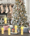 Flickering Flameless Candles With Embedded String Lights, Battery Operated 5 Pack Ivory, Remote Control And Timer in holiday decor.