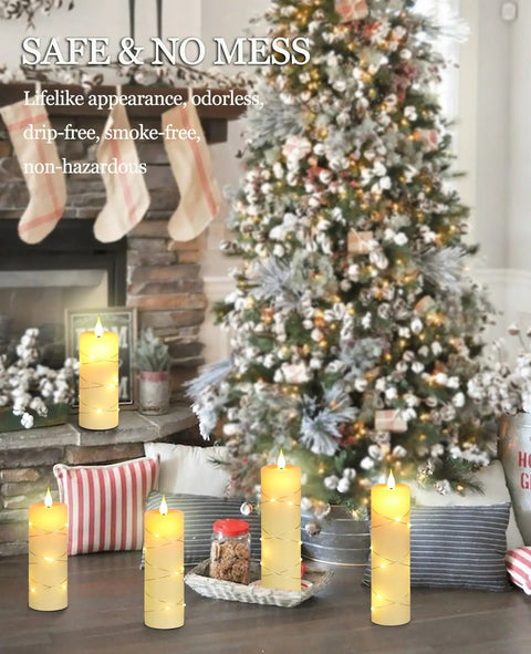 Flickering Flameless Candles With Embedded String Lights, Battery Operated 5 Pack Ivory, Remote Control And Timer in holiday decor.