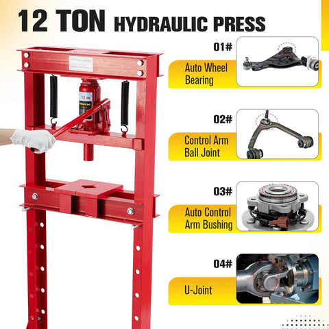 Beefy 12 Ton H Frame Shop Hydraulic Press With Adjustable Worktable And Steel Plates For Bearing Removal, Metal Bending