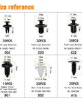 Size reference for clips in 110Pcs Car Retainer Clips Kit With 6 Sizes And Storage Box, showing dimensions and part numbers.