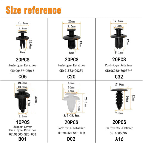 Size reference for clips in 110Pcs Car Retainer Clips Kit With 6 Sizes And Storage Box, showing dimensions and part numbers.