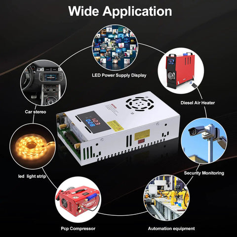Adjustable Power Supply With LED Display 110V 120V To 240V AC 24V DC Converter 480W 20A For 5V 9V 12V 24V Hobbyist Builds And DIY Electronics Clear Digital Readout Stable Bench Power For Prototyping diagram showing applications like car stereo and LED strip