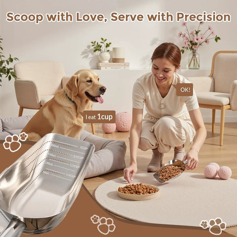 Pet Food Scoop For Cats And Dogs, 1 Cup Capacity, Food Grade 304 Stainless Steel, Rust Proof And Dent Resistant, Precision Scale Measurements For Easy Exact Dosing, No Plastic Microplastics, Durable Kitchen Must Have in use with dog food