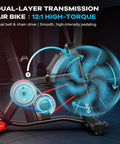 Indoor Upright Air Resistance Fan Bike With Bluetooth, showing dual-layer transmission and 12:1 high-torque system.