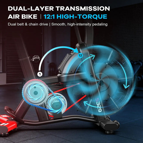 Indoor Upright Air Resistance Fan Bike With Bluetooth, showing dual-layer transmission and 12:1 high-torque system.