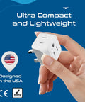 Hand holding UK Travel Plug Adapter 2 In 1 Type G For Ireland And Dubai US To UK Travel Plug Dual USA Inputs CE RoHS Certified HK Outlet Adapter 3 Pack Lightweight And Compact Must Have Travel Essential For Any International Trip