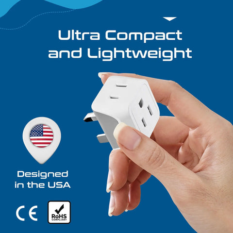 Hand holding UK Travel Plug Adapter 2 In 1 Type G For Ireland And Dubai US To UK Travel Plug Dual USA Inputs CE RoHS Certified HK Outlet Adapter 3 Pack Lightweight And Compact Must Have Travel Essential For Any International Trip