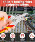 No Sweat Folding Wire Stripper Crimper 14 In 1 Multifunctional Pliers shown in hand with insulated handles, ideal for electricians.