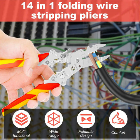 No Sweat Folding Wire Stripper Crimper 14 In 1 Multifunctional Pliers shown in hand with insulated handles, ideal for electricians.