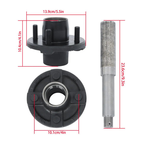 Two Sets Of 4 On 4 Inch Trailer Hub Kit With 1 Inch BT8 Spindle And Bearing Kit Includes Two Idler Hubs With Lug Nuts Rated To 1250 Lbs Per Hub Or 2000 Lbs Per Kit For Replacement Axle On Trailers showing dimensions of components